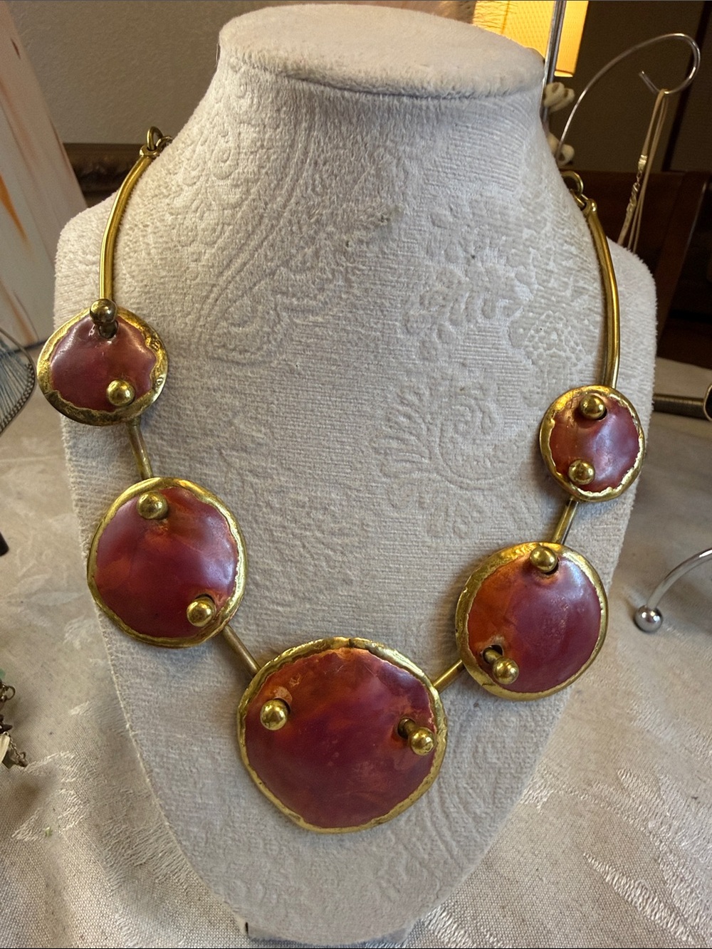 1960s-70s Gold-Tone Necklace with Red Circular enamel Discs